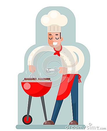 Cook cooks grill meat flat design vector illustration Vector Illustration