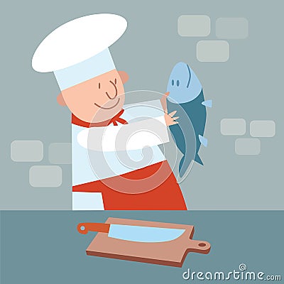 Cook cut up fresh fish. chef in kitchen Stock Photo