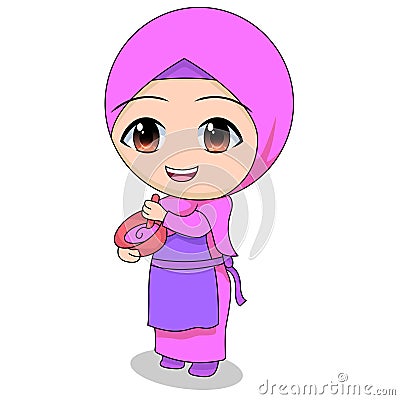 Cook. cute Muslim children`s cartoon. cartoon Children`s daily fun activity. Vector Female Cartoon Character. childrens story Vector Illustration