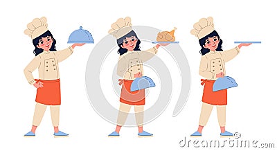 Cook with empty serving tray and roasted chicken. Cute girl in chef costume holding plate with dinner. Teen in hat and Vector Illustration