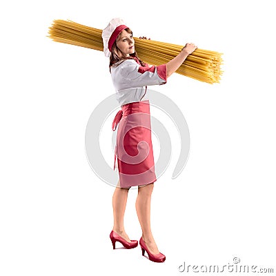 Cook girl with large delicious spaghetti on isolated backgground Stock Photo