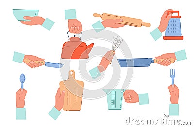 Cook hands hold set of cooking utensils. Kitchen objects for baking. Knives and forks, bowl and pans in arms. Preparing Vector Illustration