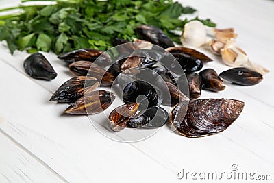 Cook ingredients fresh raw mussels with parsley and garlic Stock Photo