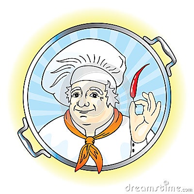 Cook keeps the pepper and looks into the pot. Vector Illustration