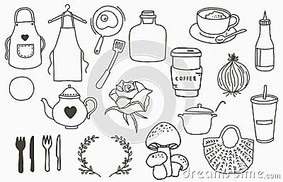 Cook and kitchen logo collection with bottle,rose,mushroom,pan,egg.Vector illustration for icon,logo,sticker,printable and tattoo Vector Illustration