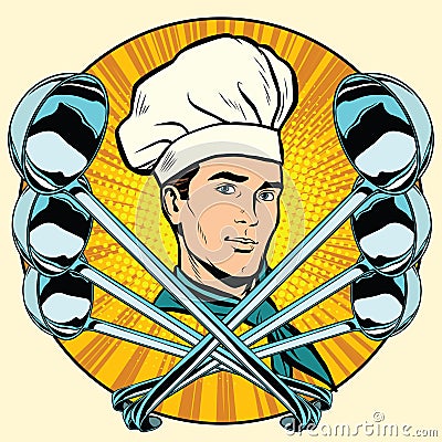 Cook and ladles stylized pop art retro icon Vector Illustration