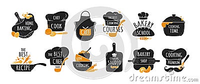 Cook logo. Restaurant kitchen chef emblems, bakery and cookery badges set. Black stickers with lettering and cooker hat Vector Illustration