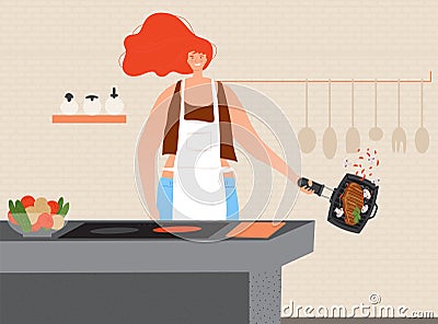 Cook meat vector illustration, cartoon happy woman character in apron cooking, grilling meat steak in home kitchen room Vector Illustration