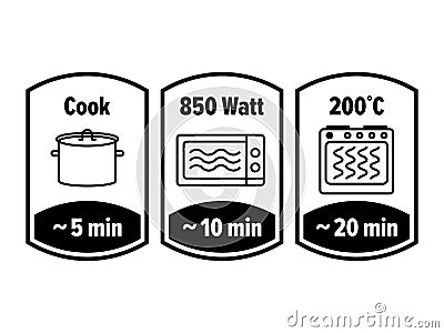 Cook minutes vector icon. minutes cooking in boiling saucepan, microwave watt and oven cooker temperature, food cook Vector Illustration