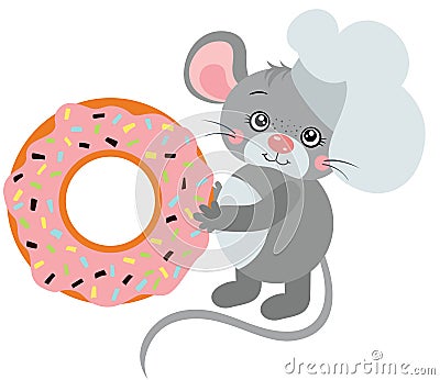 Cook mouse holding a big strawberry donut Cartoon Illustration