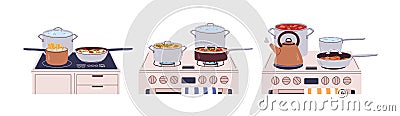 Cook pans and pots on gas, electric stoves set. Cooking food, boiling water, stewing and frying dishes on fire. Saucepan Vector Illustration