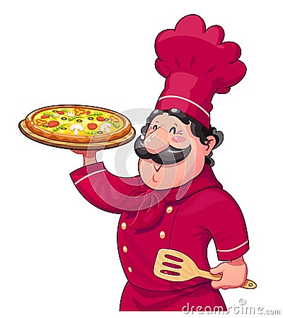 Cook with pizza. Traditional italian food. Cartoon character Vector Illustration