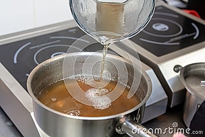 The cook pours boiling broth into a saucepan Stock Photo