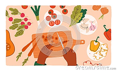 Cook process, top view. Hands cooking from fresh ingredients, healthy vegetables, cutting carrot at board, making salad Vector Illustration