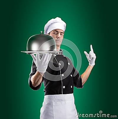Cook with Restaurant Cloche With Lid. 3D rendering and photo. High resolution. Stock Photo