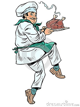 cook with roast turkey, poultry cooking and roasting, professional worker in restaurant Vector Illustration