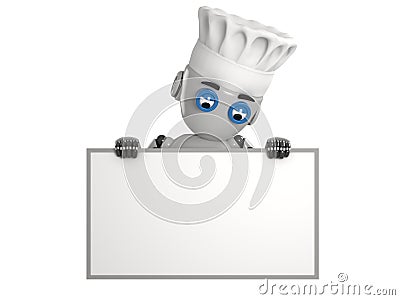 Cook robot shows on the empty board with white background. Stock Photo