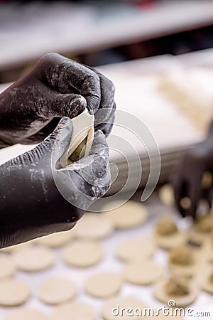 Cook sculpts dumplings. Production of dumplings and ravioli with various fillings Stock Photo