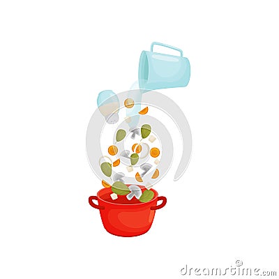 Cook the soup with mushrooms and vegetables in a saucepan. Vector illustration. Vector Illustration