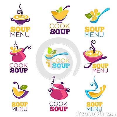 Cook soup, vector collection of bowl full of tasty soup Vector Illustration