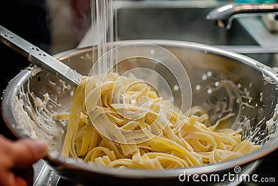 cook straining pasta over a sink Stock Photo