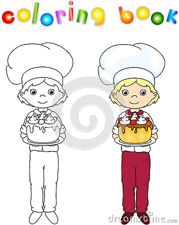 Cook or waiter in their uniform with sweet birthday cake. Coloring book. Game for children Vector Illustration