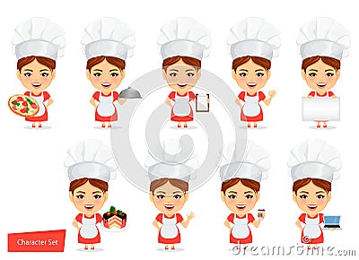 Cook woman, female master chef. Funny cartoon character with big head. Set Vector Illustration