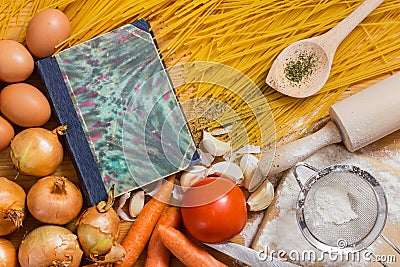 Cookbook and Spaghetti Stock Photo