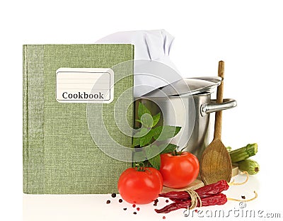 Cookbook, vegetables and casserole Stock Photo