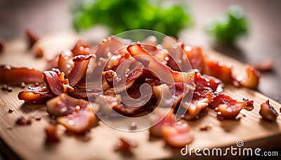 cooked bacon bits on wooden chopping board Stock Photo