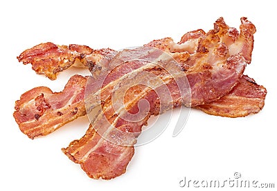 Cooked bacon rashers close-up isolated on a white background. Stock Photo