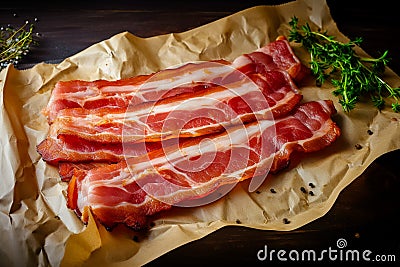 Cooked bacon rashers on parchment. Generative AI Stock Photo