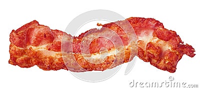 Cooked bacon strip close-up isolated on a white background. Stock Photo