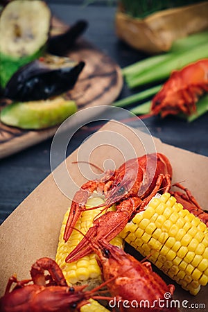 Cooked crayfish with grilled vegetables Stock Photo