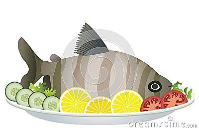 Cooked fish and raw vegetables Vector Illustration