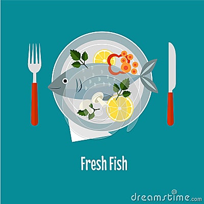 Cooked Fish and Raw Vegetables on a Plate Stock Photo