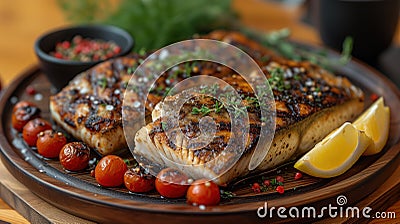 cooked fish with vegetables close-up Cartoon Illustration