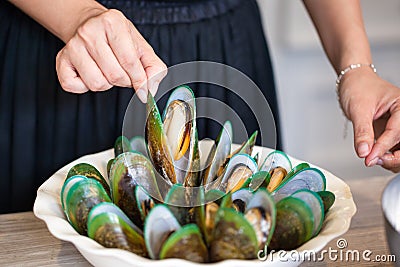 Cooked Green shell mussels Stock Photo