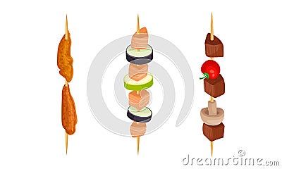 Cooked Meat and Vegetables on Skewers or Wooden Sticks Vector Set Vector Illustration