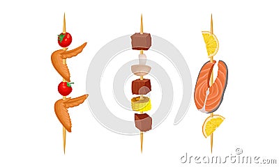 Cooked Meat and Vegetables on Skewers or Wooden Sticks Vector Set Vector Illustration