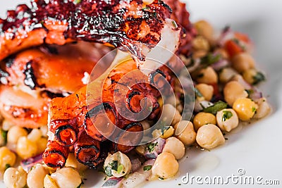 Cooked Octopus Plate with ChickPeas Stock Photo