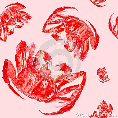 Cooked red king crab. Watercolor illustration isolated on red background.Seamless pattern Cartoon Illustration