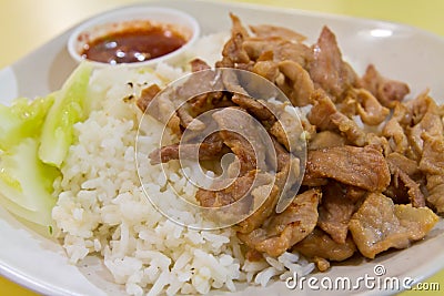 Cooked rice with fried pork Stock Photo