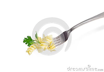 Cooked spiral pasta on the fork on a light background Stock Photo