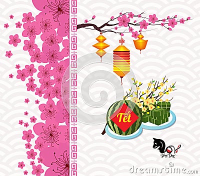 Cooked square glutinous rice cake and blossom, Vietnamese new year. Translation Vector Illustration