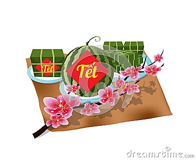 Cooked square glutinous rice cake, Vietnamese new year. Translation Vector Illustration