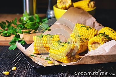 Cooked sweet corn. Stock Photo