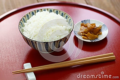 Cooked white rice with pickled radish, japanese food Stock Photo