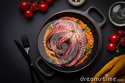 Cooked whole octopus on a black plate with spanish romesco sauce Stock Photo