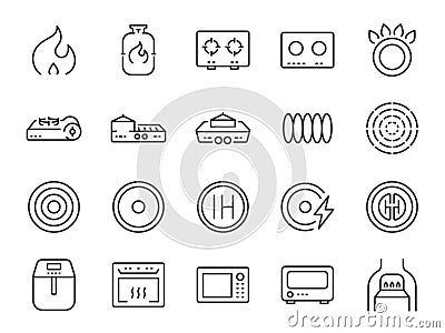 Cooker and flame icon set. It included fire, stoves, cooking hobs, hob, microwave and more icons. Editable Stroke. Vector Illustration